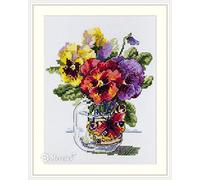 Merejka K-153 - Schema punto croce contato, in cotone, motivo: viole del pensiero e farfalle, 16 x 17 cm, multicolore