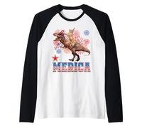 Merica Cat Riding Dinosaur T Rex Patriotic Flag 4th of July Maglia con Maniche Raglan