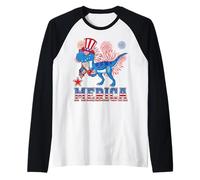 Merica Dinosaur T Rex Patriotic American Flag 4th of July Maglia con Maniche Raglan