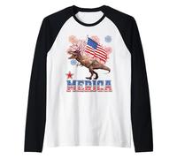 Merica Dinosaur T Rex Patriotic American Flag 4th of July Maglia con Maniche Raglan