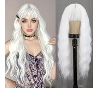 MERISIHAIR Parrucca lunga ondulata bianca con frangia, 66 cm, dall'aspetto naturale, sintetica, resistente al calore, per donne, per uso quotidiano, feste, cosplay
