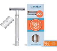 MERKUR Rasoio 22C | Set premium con pettine aperto e chiuso | Cromo opaco satinato | Rasoio a taglio dritto a tre pezzi | Ideale per la rasatura a umido | Stampaggio in zinco | Made in Germany