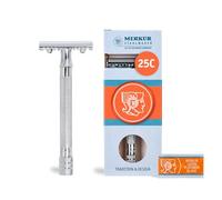 MERKUR Rasoio 25C | classico con pettine dentato cromato lucido | rasoio a tre pezzi con taglio dritto | pettine aperto | ideale per rasatura a umido | zinco pressofuso | manico in ottone | Made in