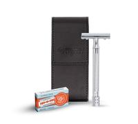 MERKUR Set da barba da viaggio 5005 con rasoio di sicurezza MERKUR 23C in tre pezzi con manico lungo e finitura cromata lucida, 10 lame a doppio bordo e custodia in pelle nera, prodotto in Germania