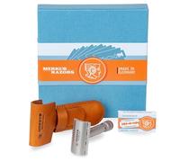 MERKUR Set di rasoi di sicurezza in acciaio inox 34, include rasoio di sicurezza premium, custodia in pelle e 10 lame in platino, satinato, pettine chiuso, ideale per rasatura bagnata, prodotto in