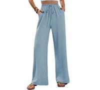 Merlvida Pantaloni larghi da donna a vita alta, eleganti per l'estate, palazzo, taglio dritto, comodi, leggeri, per il tempo libero, yoga, estivi con tasca e coulisse, Azzurro, XL