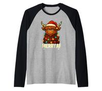Merry AF Divertente Brontolone Highland Mucca Luci di Natale Vacanza Maglia con Maniche Raglan