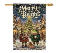 Merry and Bright - Bandiera natalizia con citazione invernale degli anfibi | Piazza della città invernale, bandiera del prato, citazione allegra e luminosa, sciarpe e cappelli accoglienti