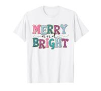Merry And Bright Retro Natale colorato Holiday Lettering Maglietta