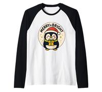 Merry Bright Penguin Retro Holiday Opera d'Arte Maglia con Maniche Raglan