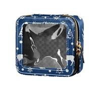 Merry Christmas Animals Line Drawing Blu e Bianco Trasparente Make Up Bag Leather Organizer Borse per le Donne