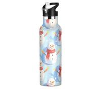 Merry Christmas - Borraccia leggera con pupazzo di neve bianco, con coperchio con cannuccia, doppia parete, per acqua, latte, succhi di frutta, scuola, campeggio, sport