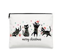 Merry Christmas Cats Makeup Bag, adorabile astuccio per cosmetici per le vacanze, da donna, portatile, in tela, con cerniera, bianco, 7x9 Inch, Gatti