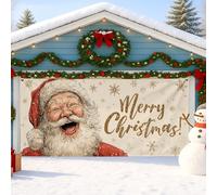 Merry Christmas - Copertura per porta del garage, con Babbo Natale e fiocchi di neve, decorazioni per feste natalizie per interni ed esterni, 390 x 180 cm