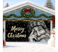 Merry Christmas, copertura per porta del garage, design vintage nero e oro con Babbo Natale, decorazione natalizia per esterni per le festività natalizie, 400 x 180 cm