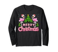 Merry Christmas Funny Xmas Tree Santa Hat Flamingo Christmas Maglia a Manica