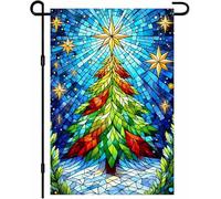 Merry Christmas Garden Flag Stained Glass Christmas Tree Star Snowflakes Vibrante Double Sided Outdoor Banner