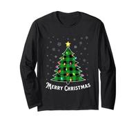Merry Christmas Green Buffalo Plaid Albero Luce per Uomo Donna Maglia a Manica