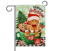 Merry Christmas Joy Coffee Gingerbread Man Xmas Happy Holiday Buffalo Plaid Check Bandiera Robuste Bandiere Verticale Durevole Bandiere Per Interno Esterno Feste 30X45Cm