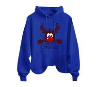 Merry Christmas Lettera Renna Stampa Donna Moda Casual Manica Lunga Top Con Tasche Felpa Con Cappuccio Giacche Donna, Blu, L