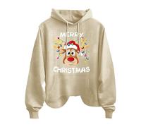 Merry Christmas Lettera Renna Stampa Donna Moda Casual Manica Lunga Top Con Tasche Felpa Con Cappuccio Felpa Maglione Vestito Donna Lungo, Beige, XXL
