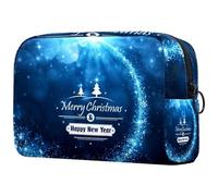 Merry Christmas New Yaer - Trousse per cosmetici da donna, in cartoncino blu, da viaggio, grande, con cerniera, Multi, 18.5x7.5x13cm/7.3x3x5.1in, Beauty case