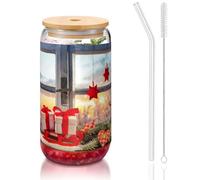 Merry Christmas Pictures - Bicchieri con coperchio e cannucce, 470 ml, per succhi di frutta, birra, caffè, tè