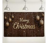Merry Christmas, sfondo da parete in legno, ornamenti dorati scintillanti, decorazioni rustiche per le vacanze, sfondo fotografico per interni ed esterni, per feste di Natale, 180 x 109 cm