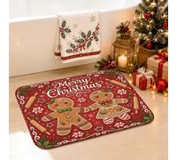 Merry Christmas - Tappeto da bagno con coppia di pan di zenzero, 50 x 81 cm | Coppia di pan di zenzero, tappetino da bagno, testo script vacanza, morbida flanella, sfondo rosso festivo