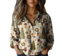 Merry Christmas Top da donna Button Down Camicie a maniche lunghe divertente con stampa albero di Natale camicetta alla moda leggera vestiti per le vacanze camicia comoda, Beige-1., 5XL