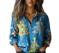Merry Christmas Top da donna Button Down Camicie a maniche lunghe divertente con stampa albero di Natale camicetta alla moda leggera vestiti per le vacanze camicia comoda, Blu cielo 2., 5XL