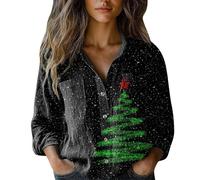 Merry Christmas Top da donna Button Down Camicie a maniche lunghe divertente con stampa albero di Natale camicetta alla moda leggera vestiti per le vacanze camicia comoda, Nero-1, 5XL
