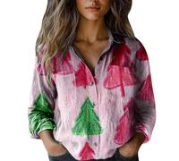 Merry Christmas Top da donna Button Down Camicie a maniche lunghe divertente con stampa albero di Natale camicetta alla moda leggera vestiti per le vacanze camicia comoda, Rosa-3, 5XL