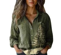 Merry Christmas Top da donna Button Down Camicie a maniche lunghe divertente con stampa albero di Natale camicetta alla moda leggera vestiti per le vacanze camicia comoda, Verde-2, XL