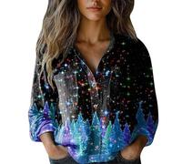Merry Christmas Top da donna Button Down Camicie a maniche lunghe divertente con stampa albero di Natale camicetta alla moda leggera vestiti per le vacanze camicia comoda, Blu-1, 5XL