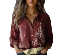 Merry Christmas Top da donna Button Down Camicie a maniche lunghe divertente con stampa albero di Natale camicetta alla moda leggera vestiti per le vacanze camicia comoda, Wine-2, 5XL