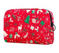 Merry Christmas Tree Leaves and Deer on a Red Cosmetic Bag for Women Travel Toiletries Bags Large Makeup Handy Pouch Organizer Bag with Zipper, Multi, 18.5x7.5x13cm/7.3x3x5.1in, Beauty case
