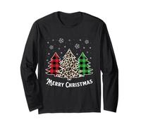 Merry Christmas Tree Leopard Buffalo Plaid Rosso Verde Natale Maglia a Manica