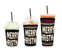 Merry Christmas Tree - Set di 3 manicotti in neoprene per bevande calde e fredde, motivo a quadretti, riutilizzabili, isolanti, per viaggi, ufficio, casa