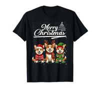Merry Christmas Trio Corgi Reindeer Elf Santa Xmas Squad Maglietta