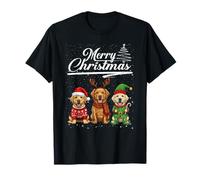 Merry Christmas Trio Golden Retriever Reindeer Elf Santa Maglietta