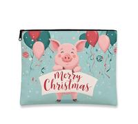 Merry Christmas - Trousse da viaggio per cosmetici, da donna, con grazioso design a forma di maiali, piccola borsa portatile in tela con cerniera, borsa da toeletta per la cura della pelle, Blu, 7x9