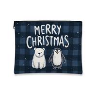 Merry Christmas - Trousse per trucchi con orso polare e pinguino, organizer per cosmetici da donna, piccola borsa portatile in tela con cerniera, borsa da toilette per le vacanze, Navy, 7x9 Inch