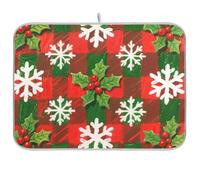 Merry Christmas White Snowflakes Holly Dish Drain mat for Kitchen Counter Dish Drainer mat and Rack XL Dish Drying mat 18 x 24