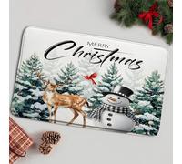 Merry Christmas Winter Snowman Deer Pine Tree Woods Elk Snowy Rustic Zerbino Ingresso Morbido Tappeto Da Bagno Asciugatura Rapida Tappeto Entrata Per Esterno Interno Cucina 40X60Cm