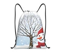 Merry Christmas with Happy Snowman Titolo: Borsone leggero con coulisse - Sacca da palestra pieghevole impermeabile con tracolla regolabile, ideale per sport, yoga, viaggi e scuola, Nero , S