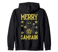 Merry Samhain Cat Witch Wicca Wiccan Occulto Halloween Felpa con Cappuccio