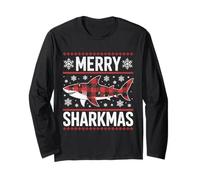 Merry Sharkmas Divertente Shark Santa Hat Brutto Maglione di Natale Maglia a Manica