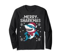 Merry Sharkmas Divertente Shark Santa Hat Brutto Maglione di Natale Maglia a Manica