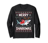Merry Sharkmas Divertente Shark Santa Hat Brutto Maglione di Natale Maglia a Manica
